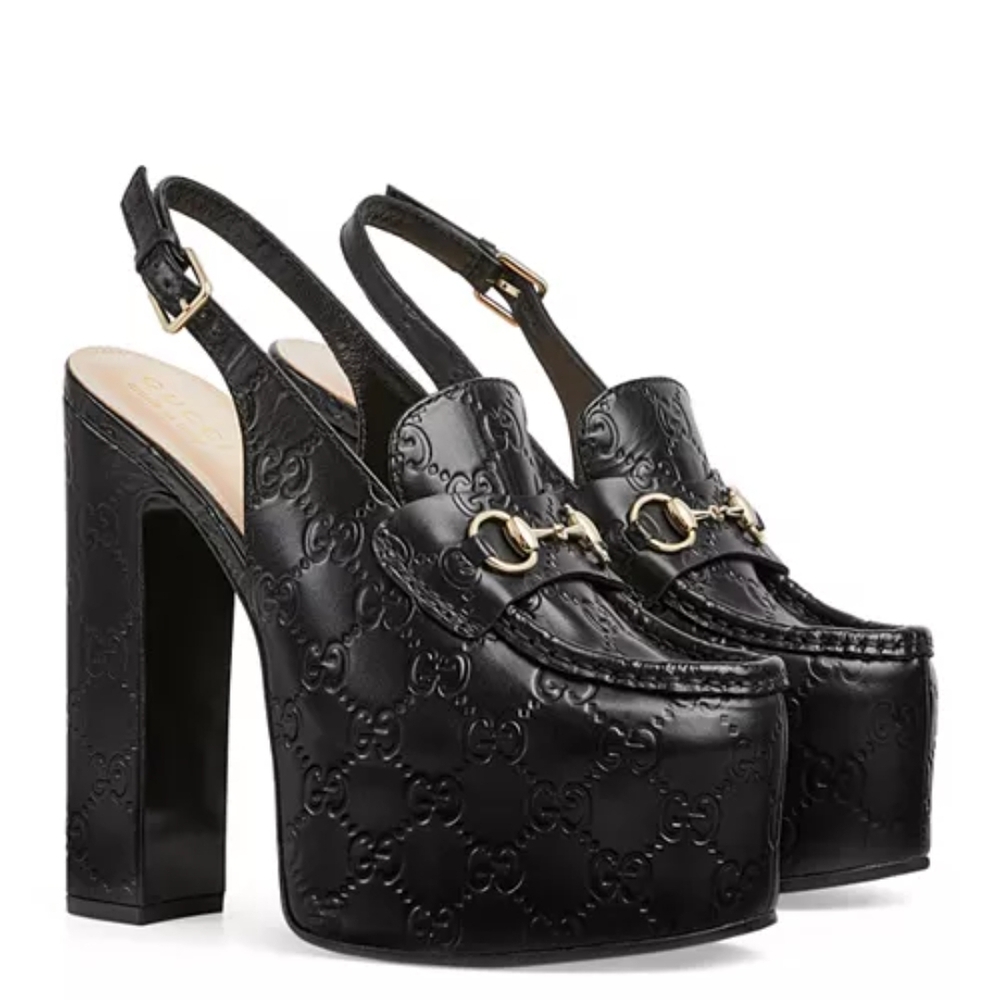 Gucci Embossed Black Platform Slingback Heels Sz 40